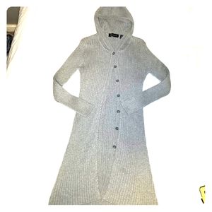 Long gray button up hooded sweater